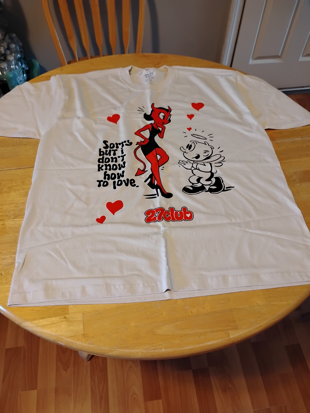White Short Sleeve Graphic Tee with Red & Black Retro Devil Design